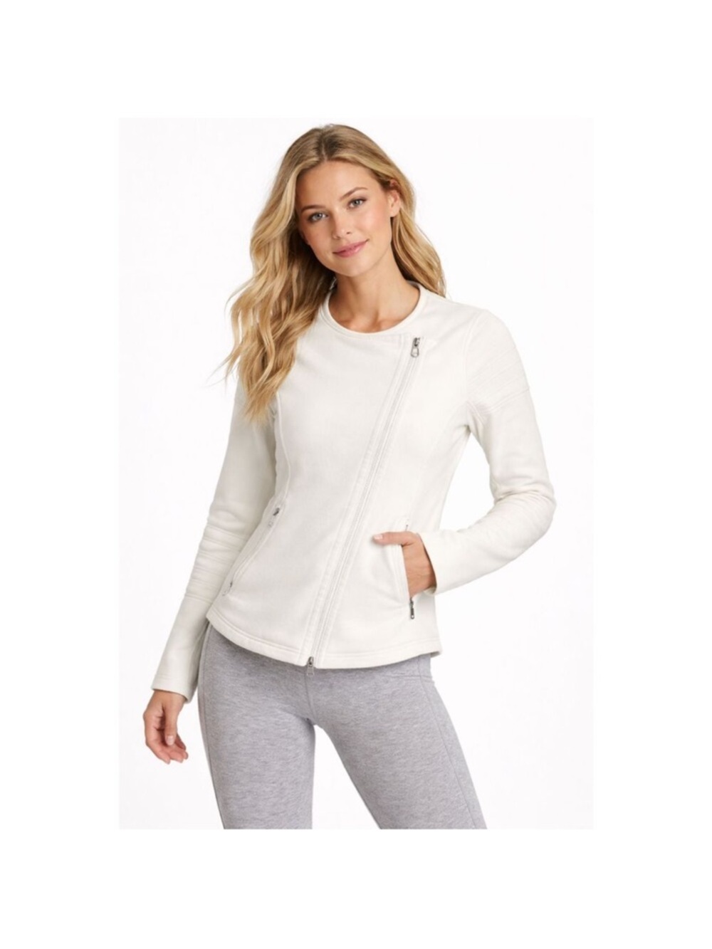 Athleta Ivory Asymmetrical Zipper Ivory Moto Jacket